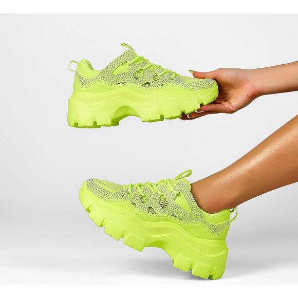Women Neon Yellow Rhinestone Platform Fuchsia Hologram Casual Lace-Up Sneakers - Picture 6 of 9